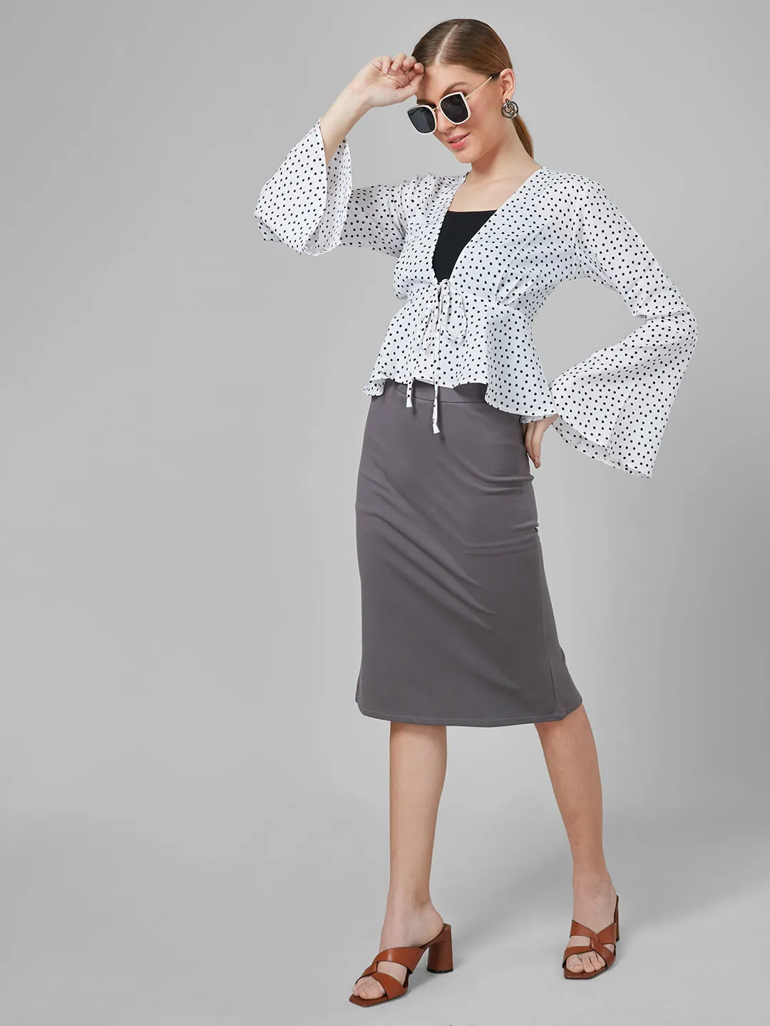 Style Quotient Women  White And Black Polka Dot Polyester Peplum Smart Casual Shrug