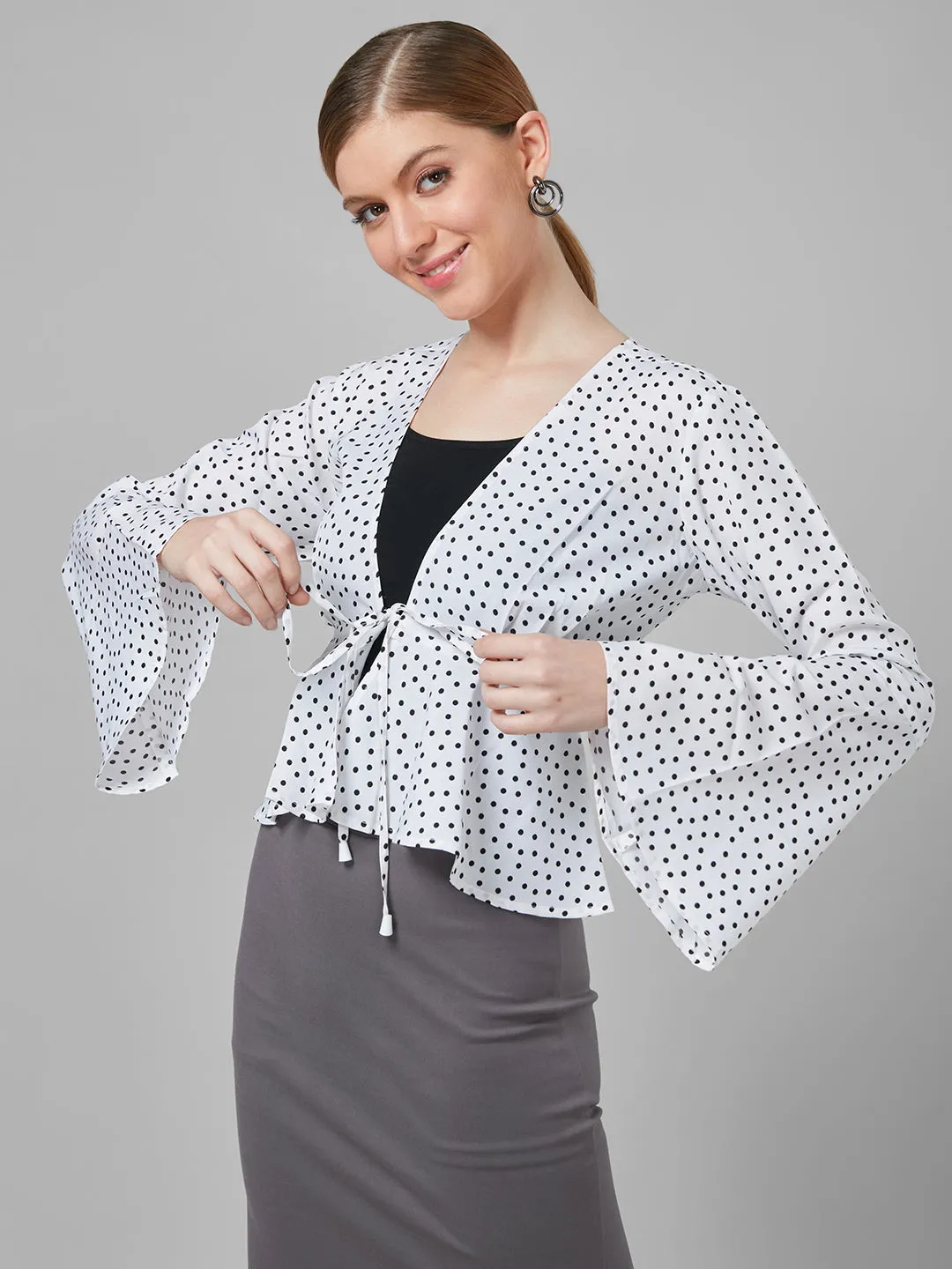 Style Quotient Women  White And Black Polka Dot Polyester Peplum Smart Casual Shrug