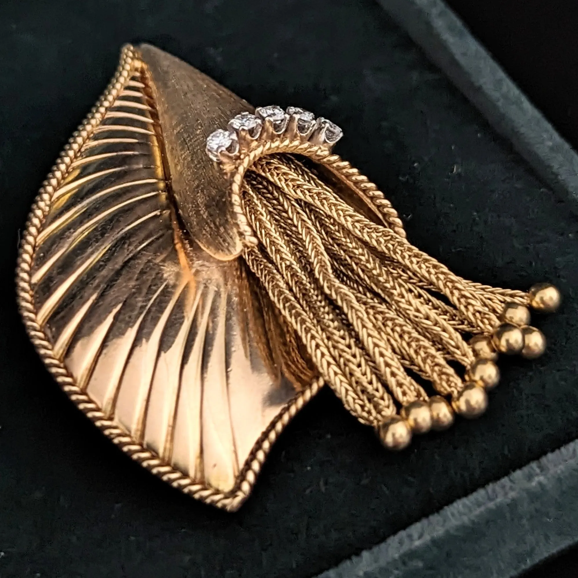 The Jefferson - 1960s Era Diamond 14k Gold Cornucopia Tassel Brooch