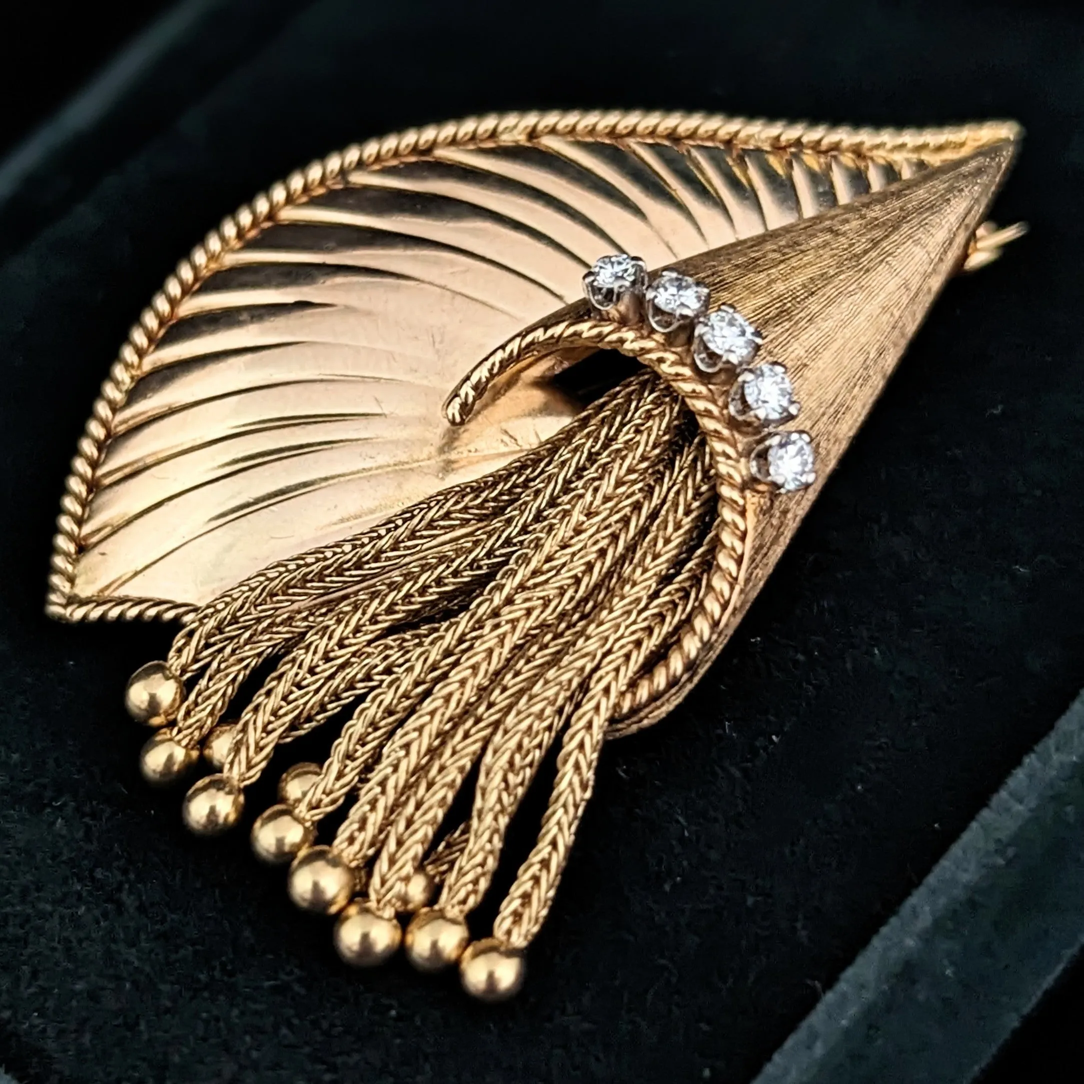 The Jefferson - 1960s Era Diamond 14k Gold Cornucopia Tassel Brooch