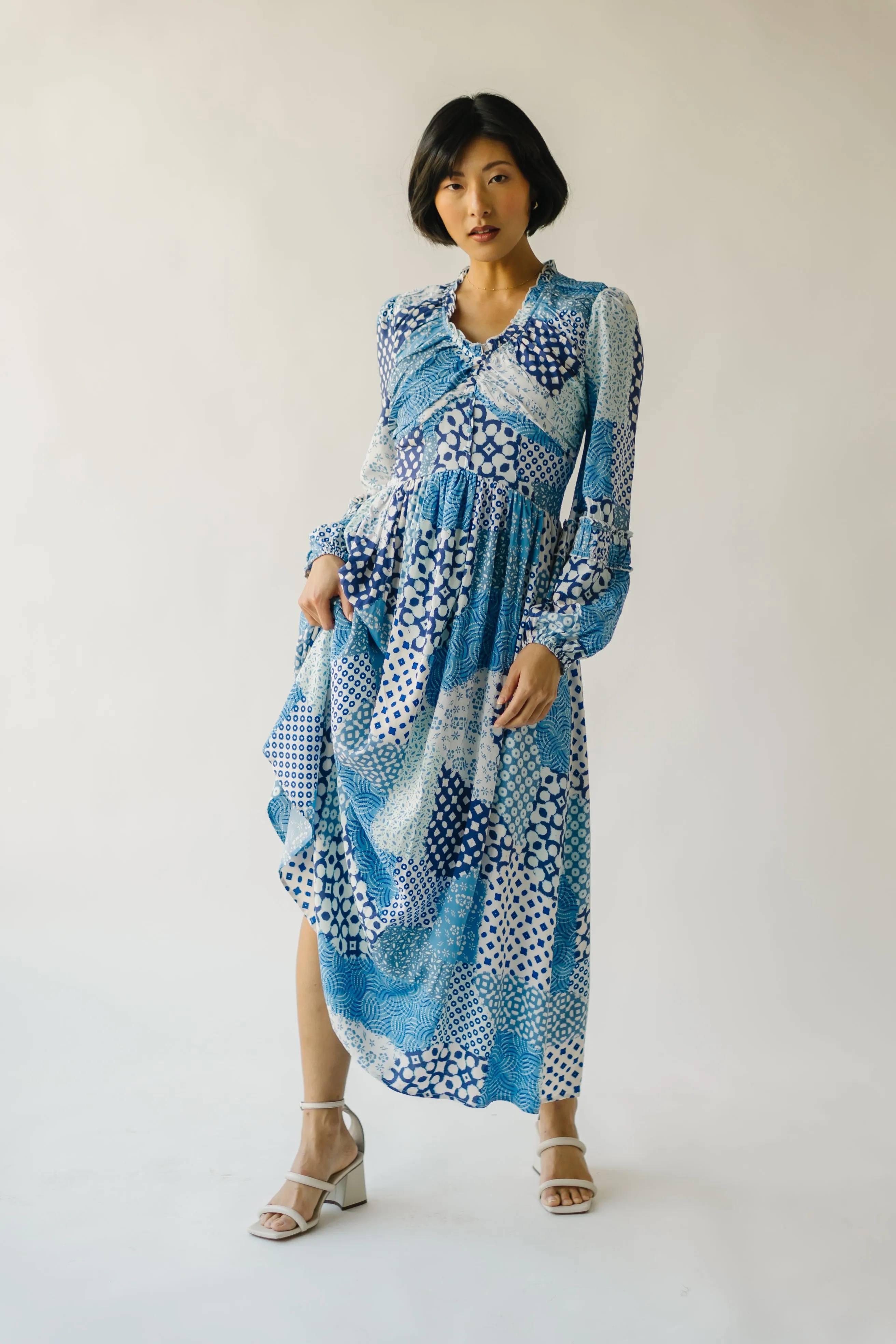 The Morven Patchwork Maxi Dress in Blue Multi