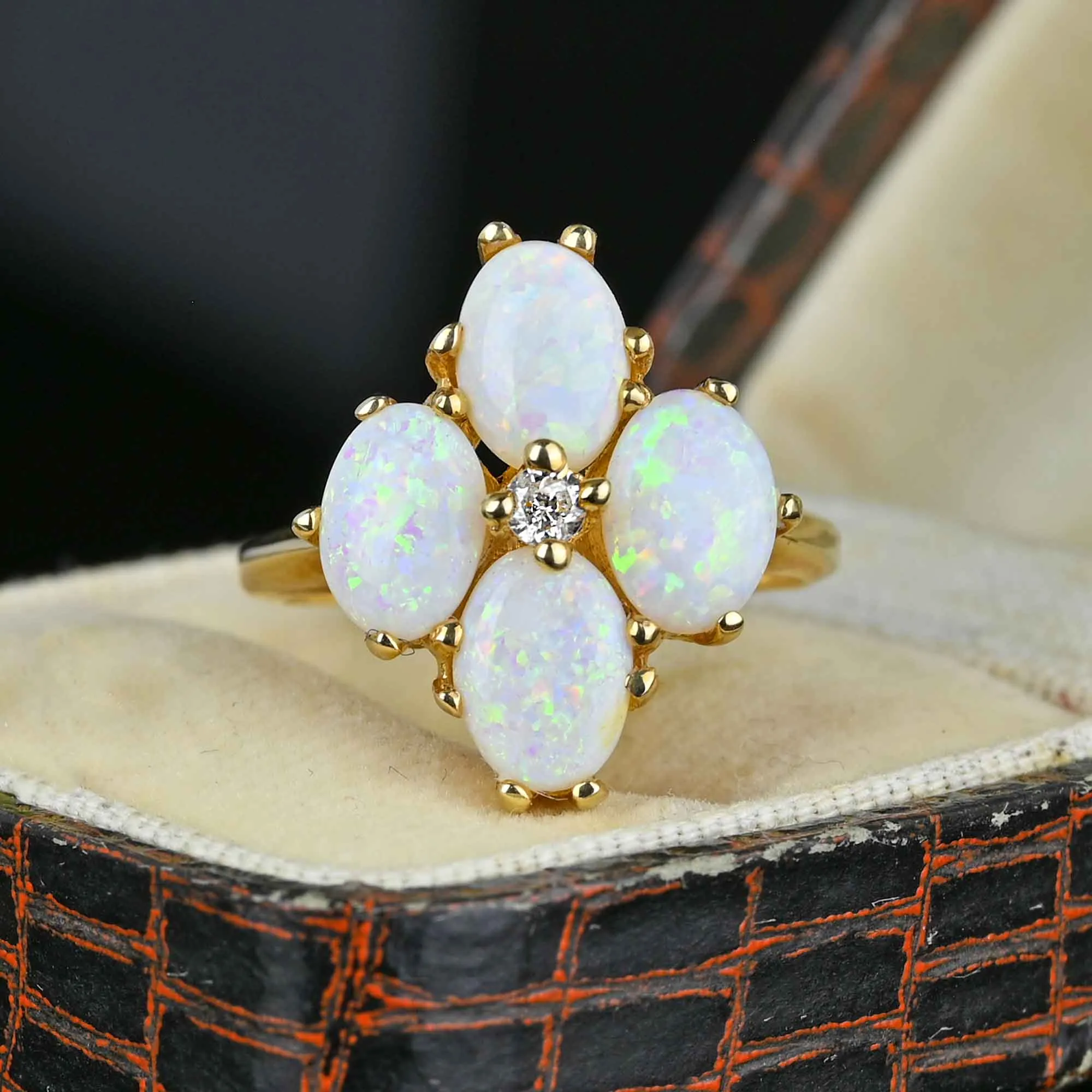 Vintage 14K Gold Diamond  Cabochon Opal Ring