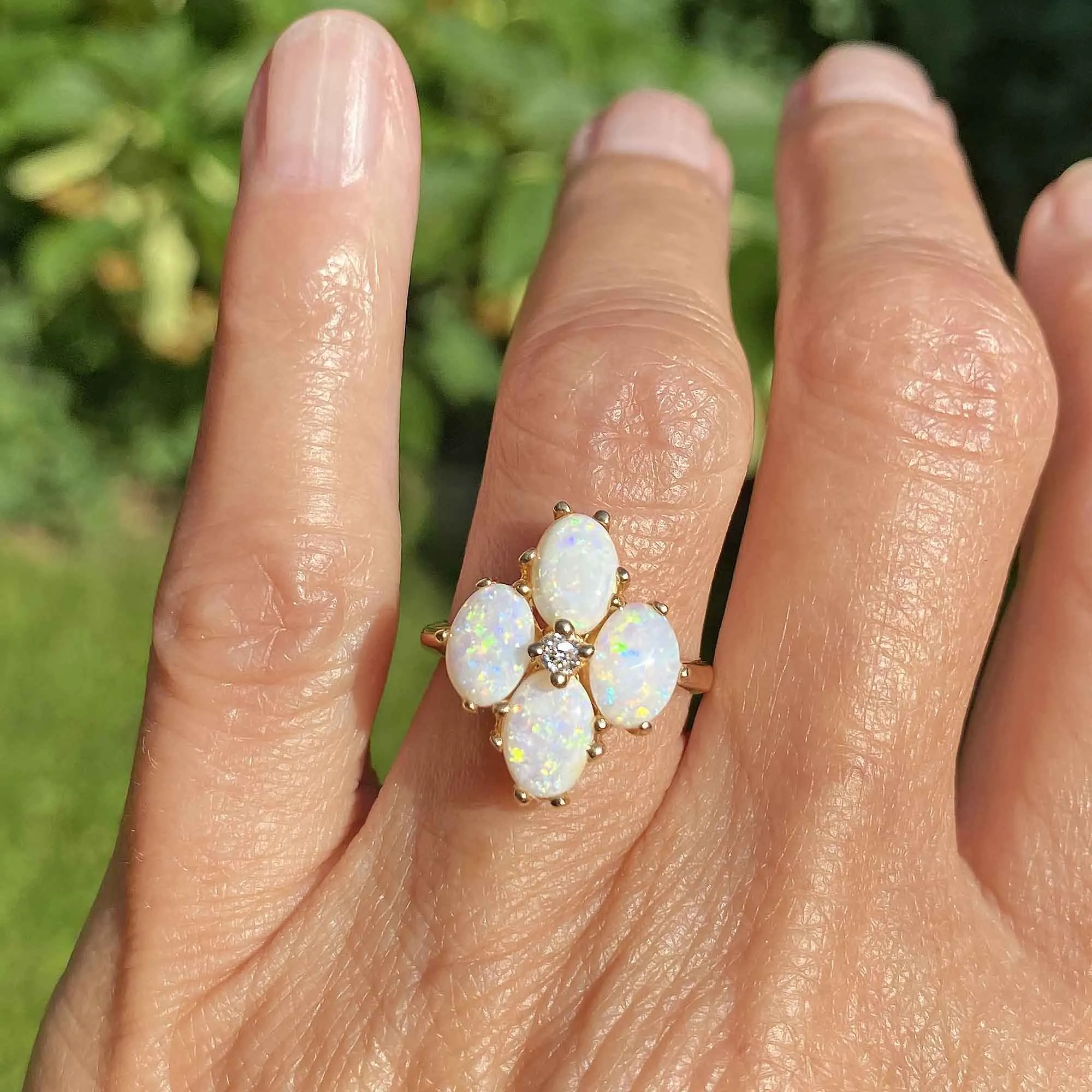 Vintage 14K Gold Diamond  Cabochon Opal Ring