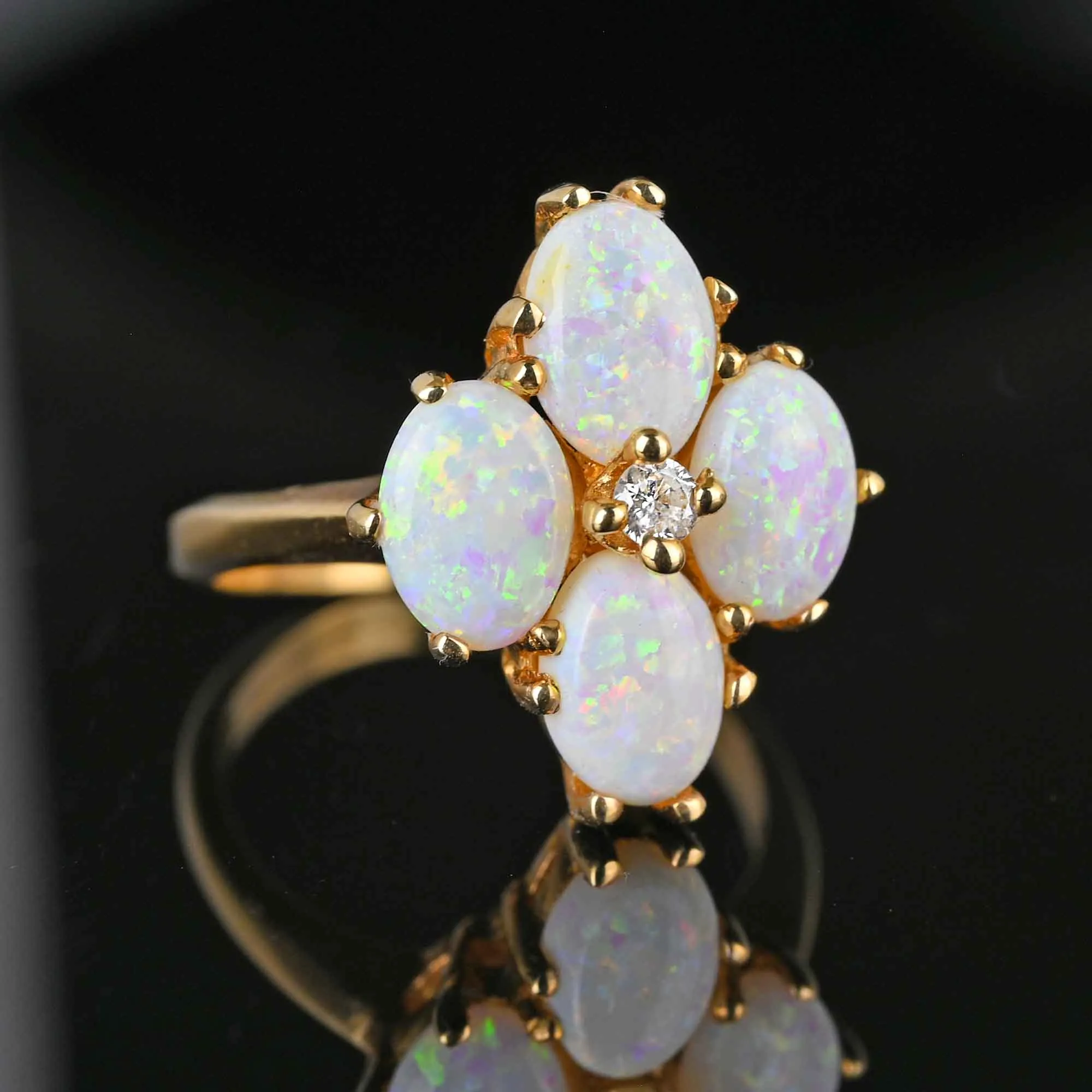 Vintage 14K Gold Diamond  Cabochon Opal Ring