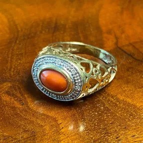 Vintage 14K Gold LeVian Coral & Diamond Open Hearts Ring