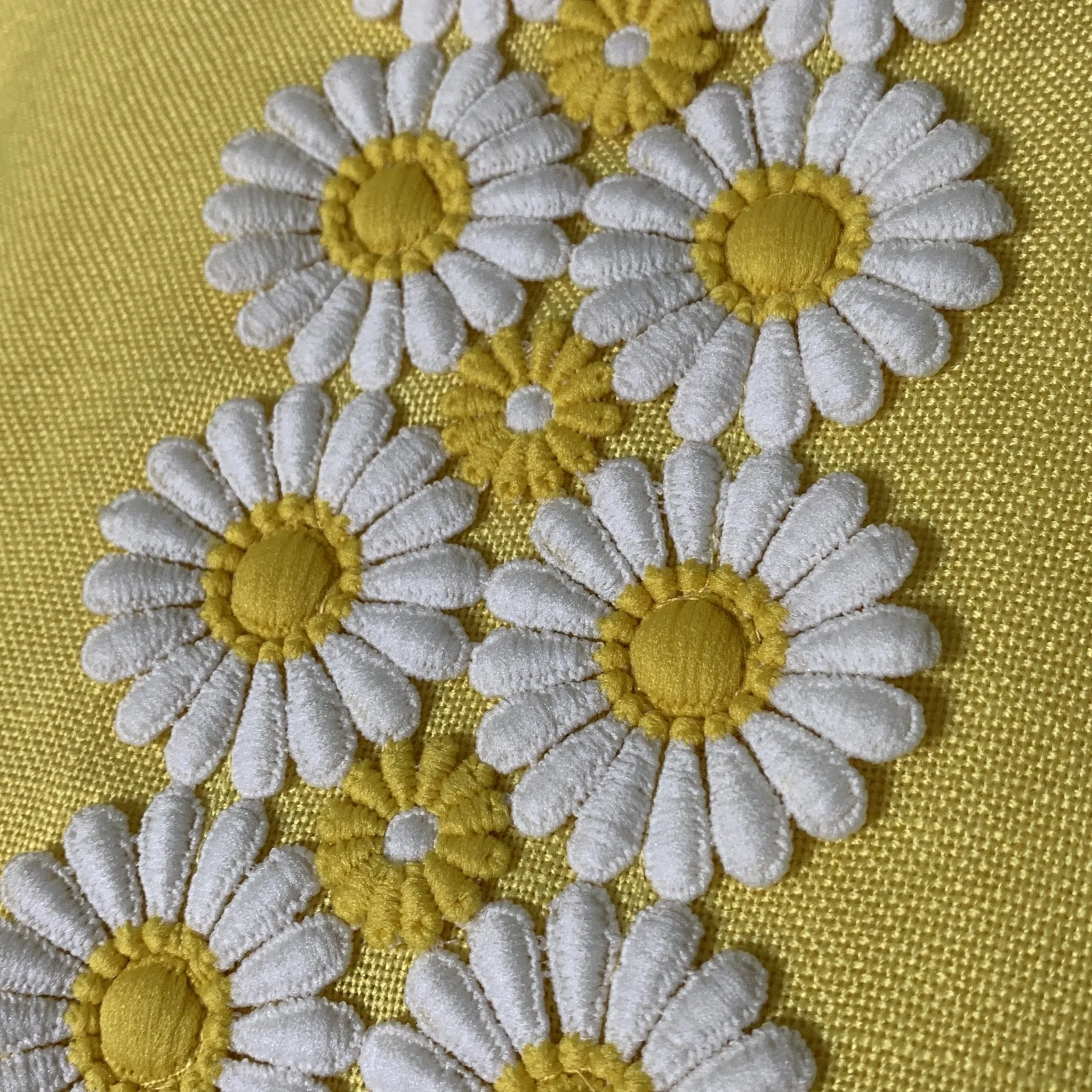 Vintage Yellow Linen Dress with Lace Daisies by Miss Elliette. Bohemian 1960s Sustainable Fashion.