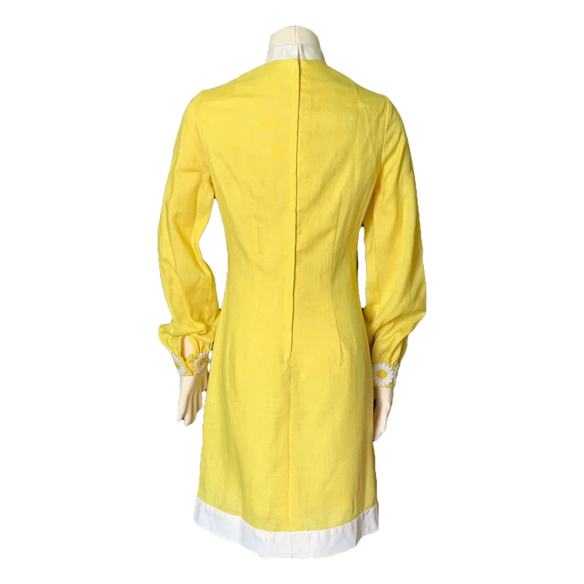 Vintage Yellow Linen Dress with Lace Daisies by Miss Elliette. Bohemian 1960s Sustainable Fashion.