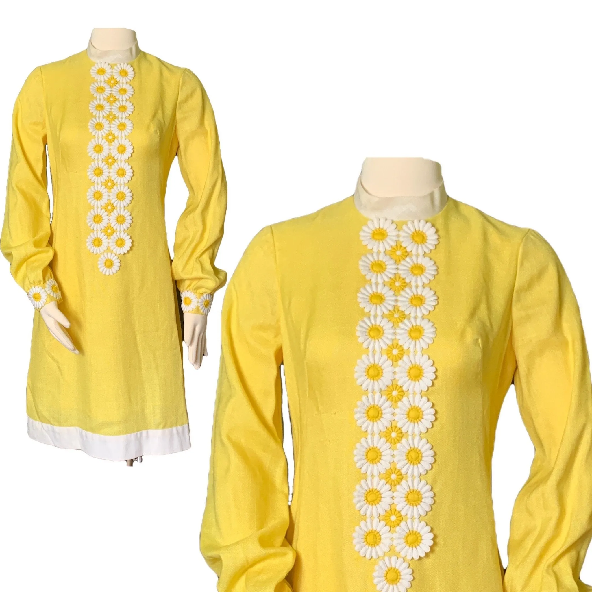 Vintage Yellow Linen Dress with Lace Daisies by Miss Elliette. Bohemian 1960s Sustainable Fashion.