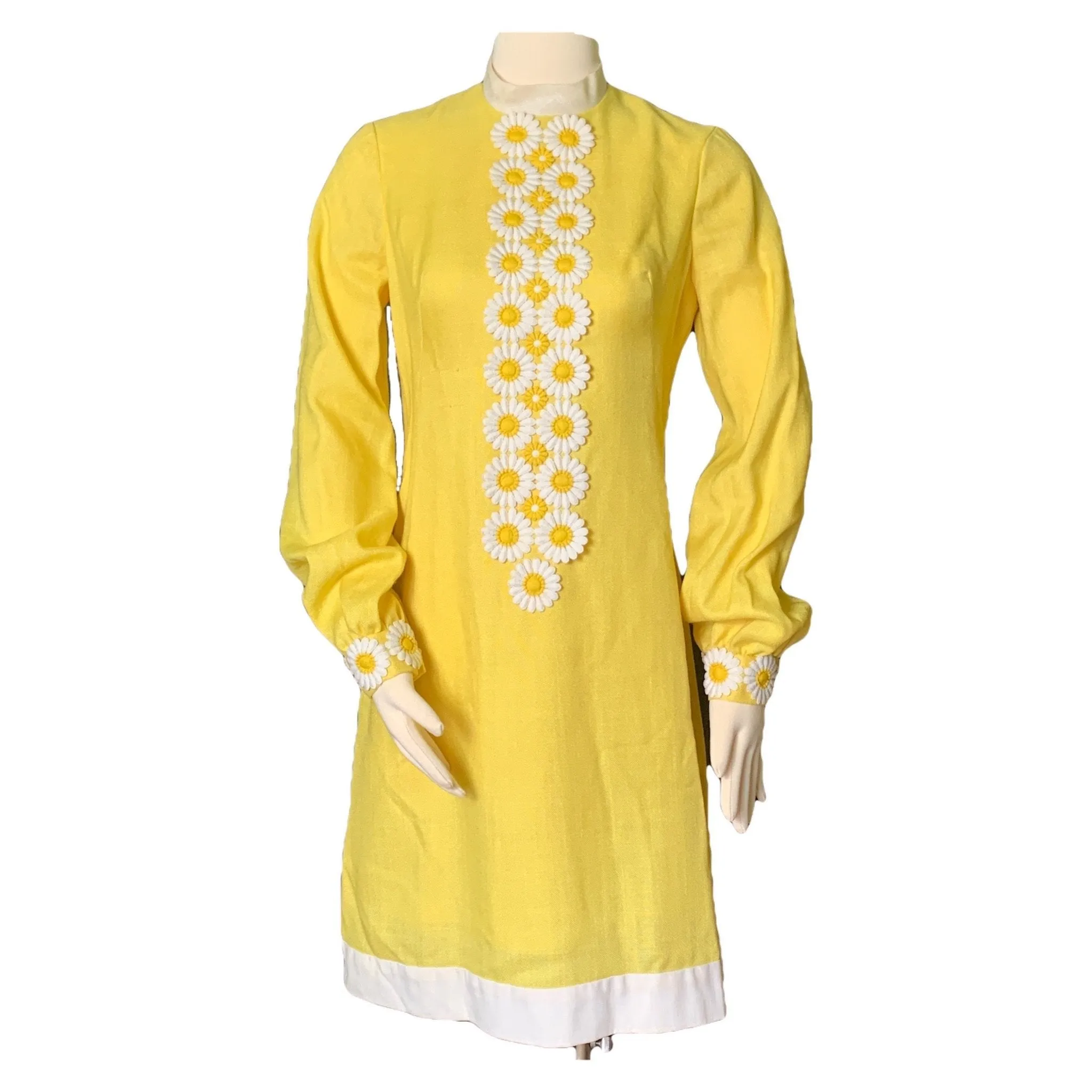 Vintage Yellow Linen Dress with Lace Daisies by Miss Elliette. Bohemian 1960s Sustainable Fashion.