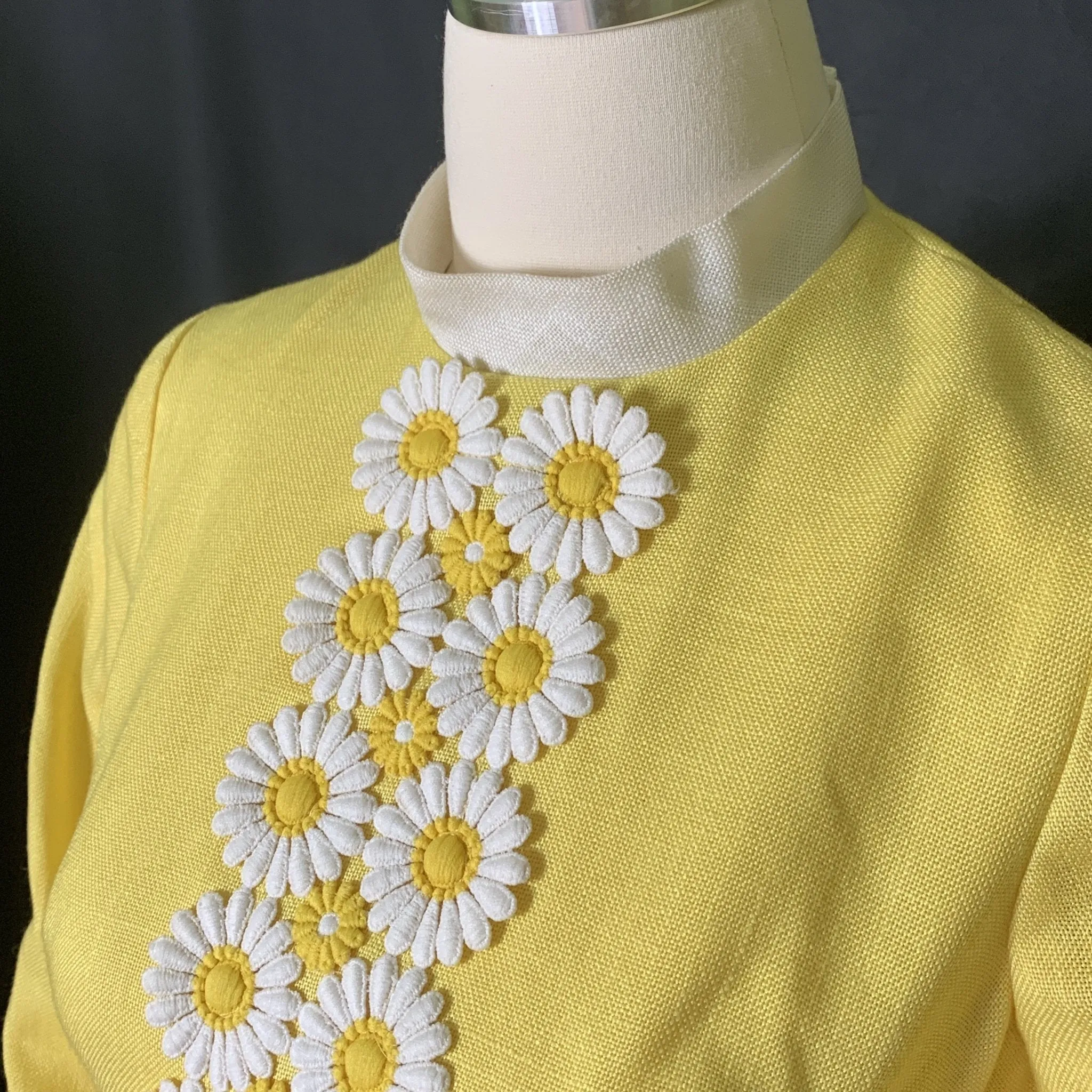 Vintage Yellow Linen Dress with Lace Daisies by Miss Elliette. Bohemian 1960s Sustainable Fashion.