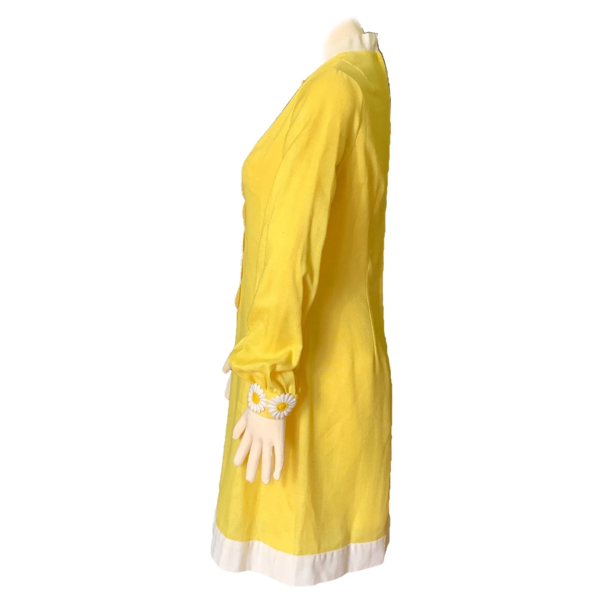 Vintage Yellow Linen Dress with Lace Daisies by Miss Elliette. Bohemian 1960s Sustainable Fashion.