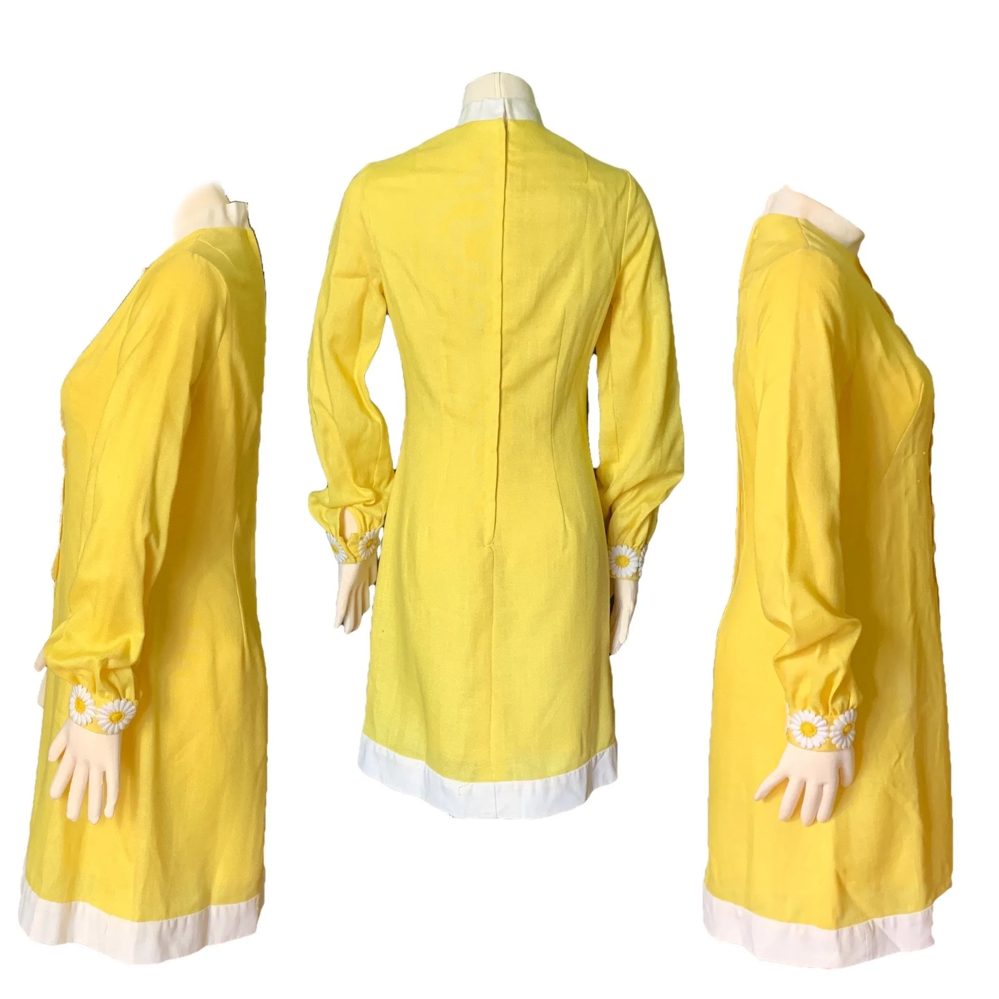 Vintage Yellow Linen Dress with Lace Daisies by Miss Elliette. Bohemian 1960s Sustainable Fashion.