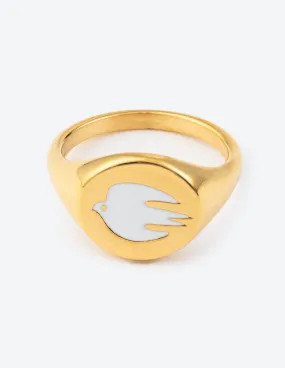 White Enamel Gold Dove Ring