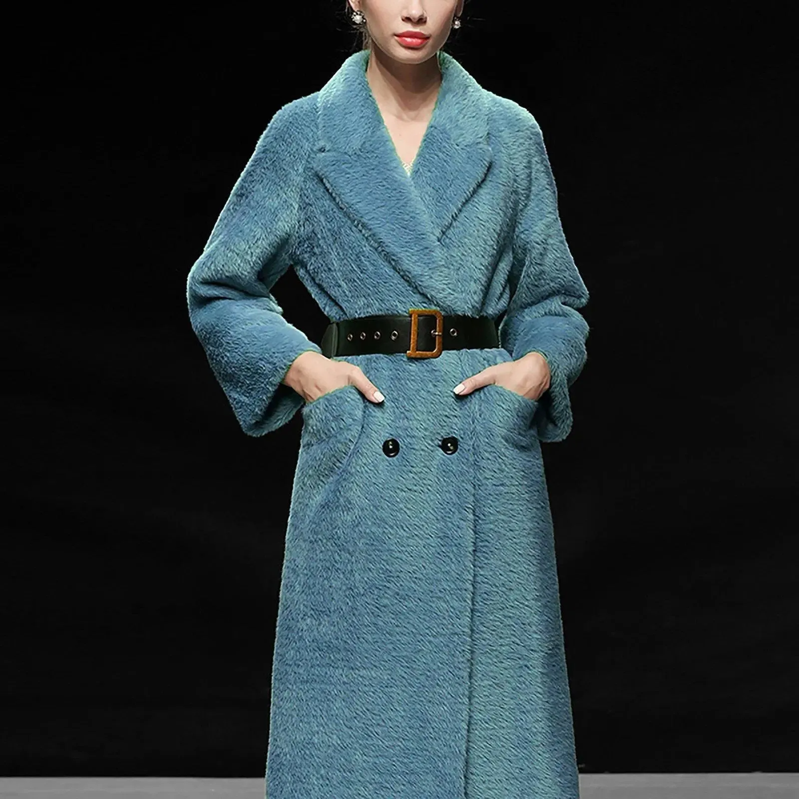 Women's Blue Faux Fur coat,Long Faux Fur Coat for Women,Double Breasted Overcoat,Collared Coat,Oversize Wool Coat,Warm Winter Coat,Long Coat