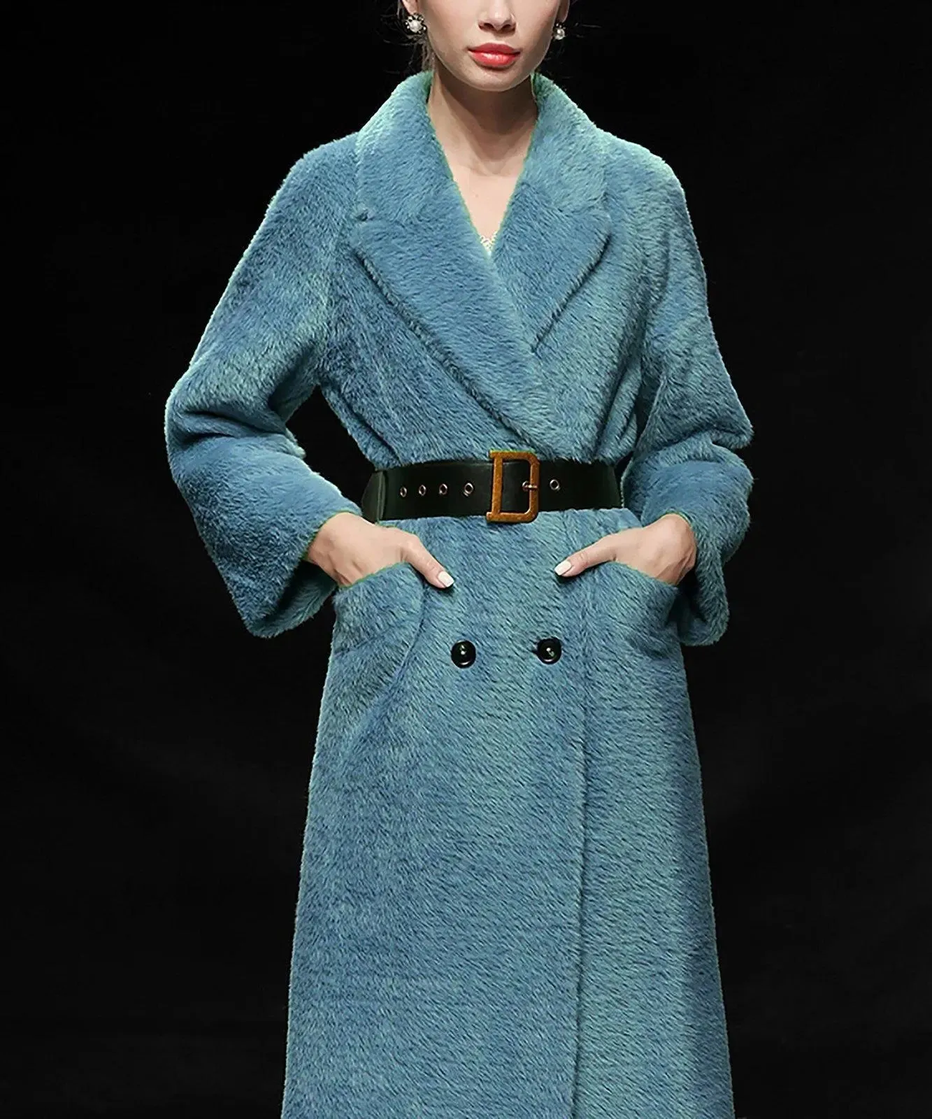 Women's Blue Faux Fur coat,Long Faux Fur Coat for Women,Double Breasted Overcoat,Collared Coat,Oversize Wool Coat,Warm Winter Coat,Long Coat