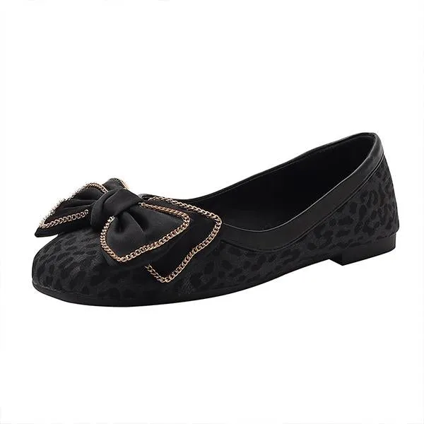 Women's Casual Leopard Print Bow Chain Flats 26248242S