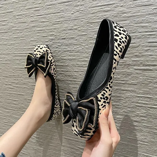 Women's Casual Leopard Print Bow Chain Flats 26248242S