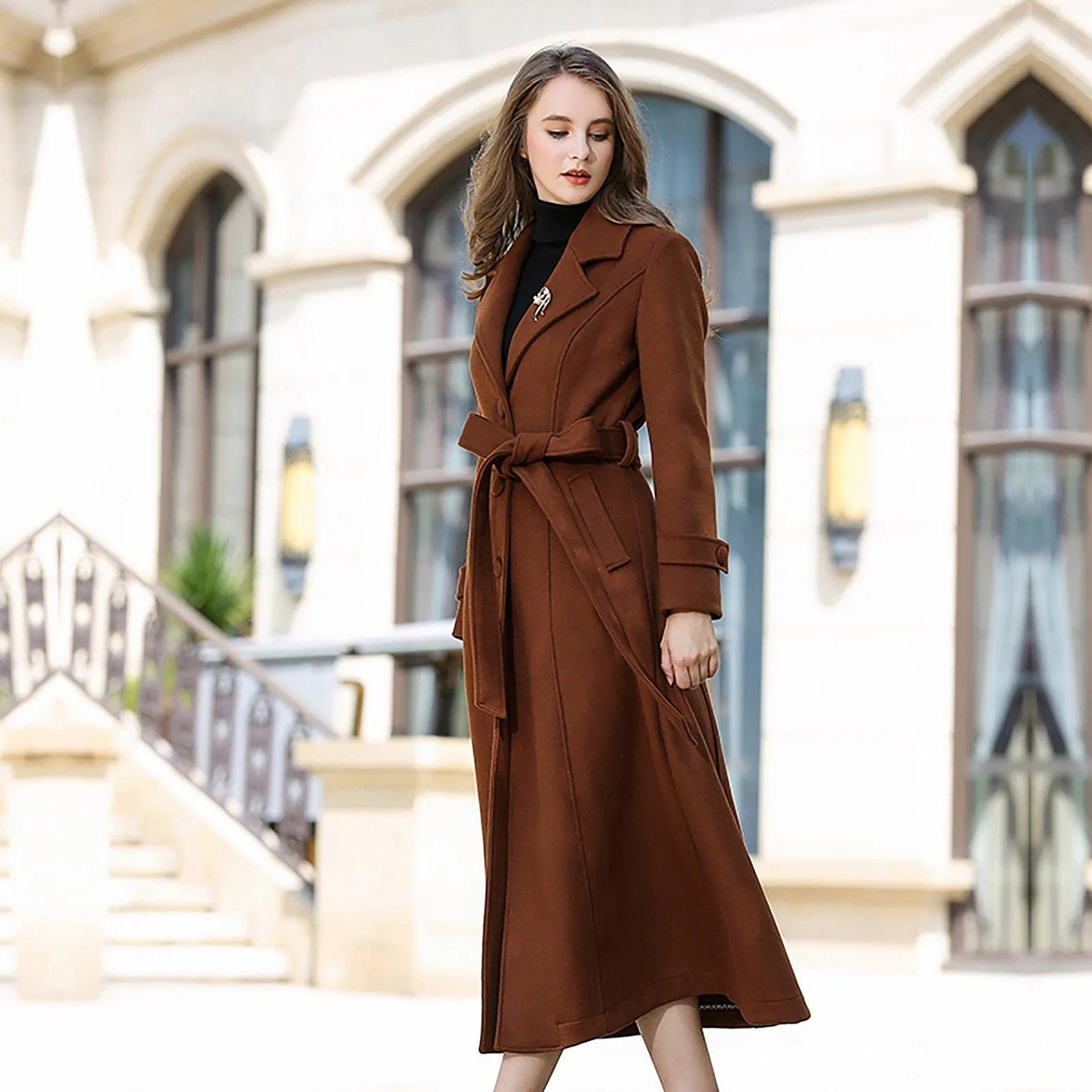 Wool Blend Belted Flared Bottom Coat