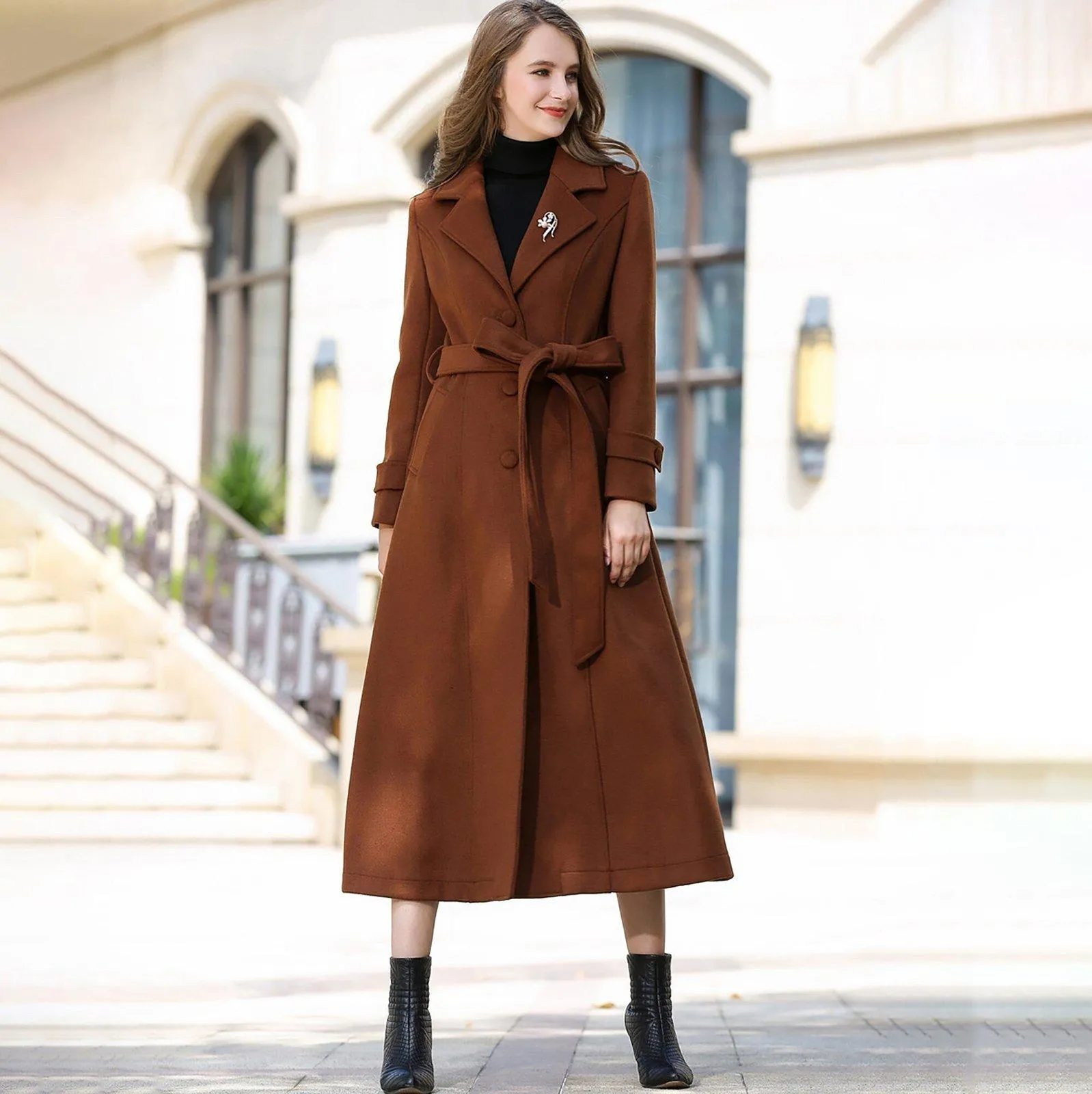 Wool Blend Belted Flared Bottom Coat