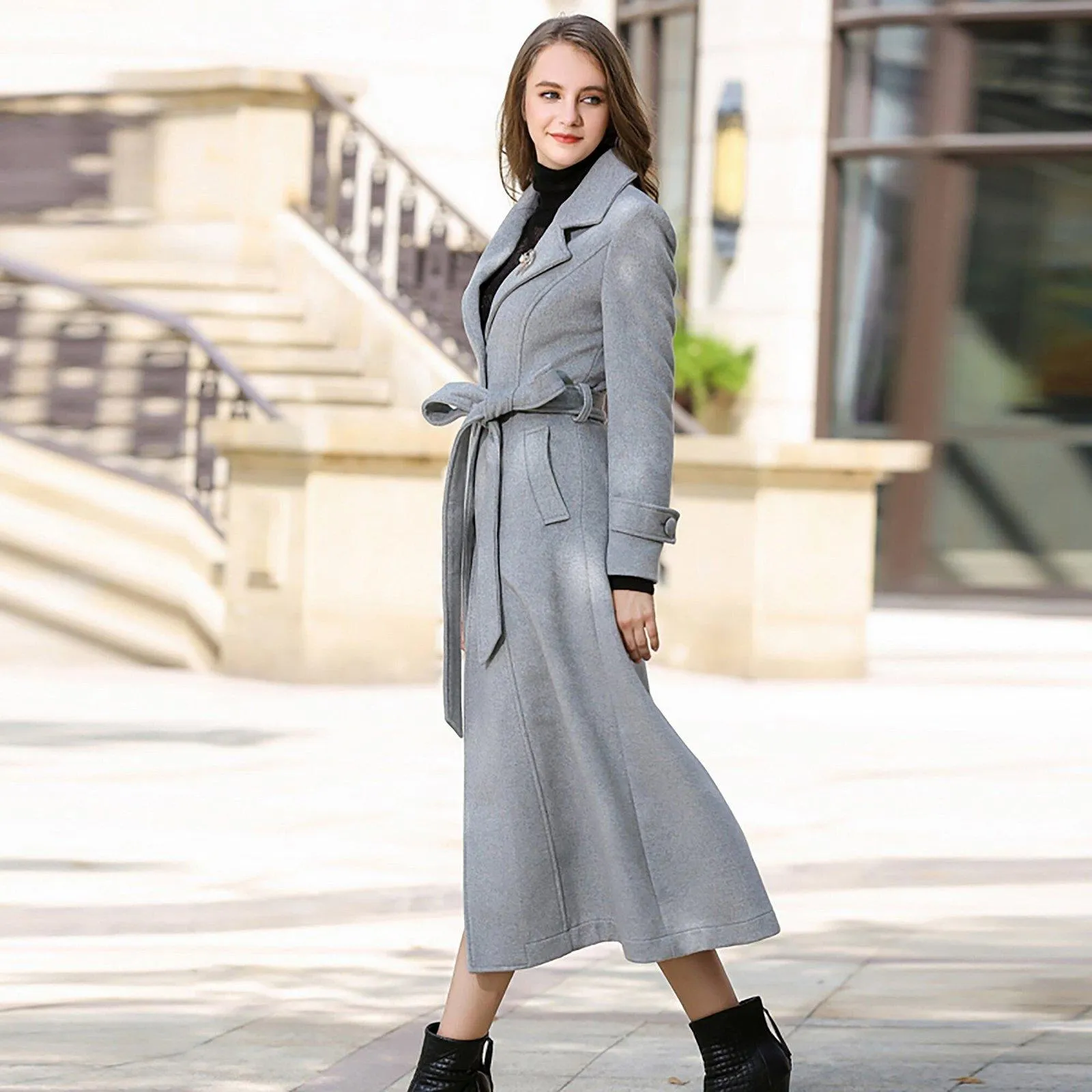 Wool Blend Belted Flared Bottom Coat