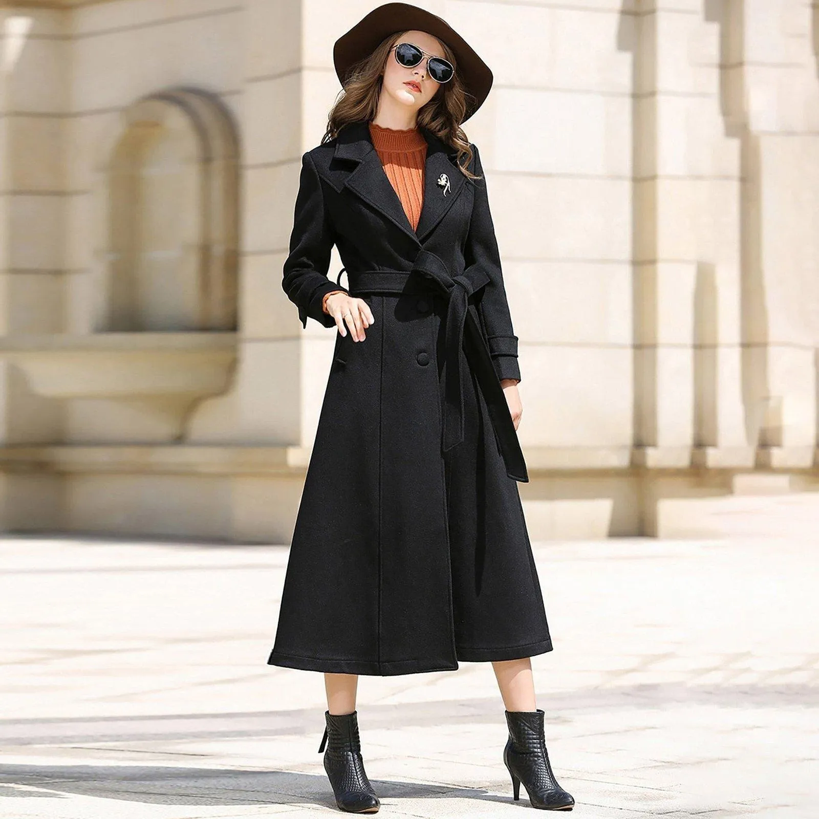 Wool Blend Belted Flared Bottom Coat